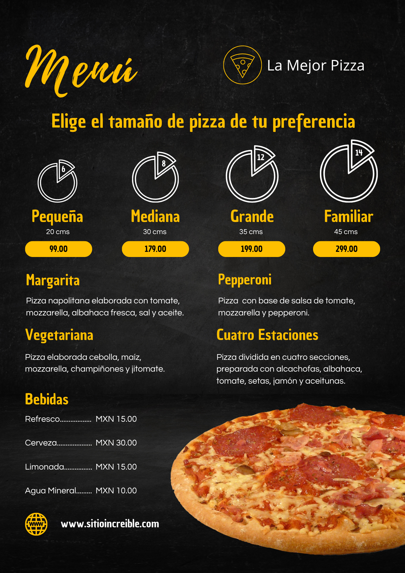 Carta del restaurante La Mejor Pizza de Madrid, sabores de pizza y más.